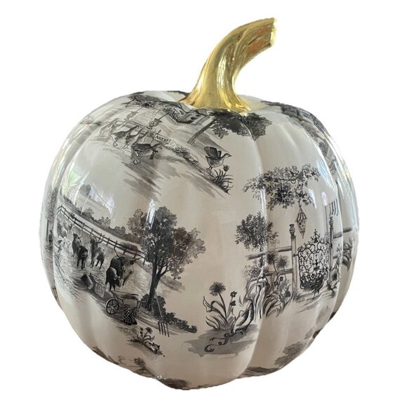 Mackenzie Childs NY Estate Black Toile Pumpkin Gold Stem 11" Rare Autumn Decor - Picture 7 of 11